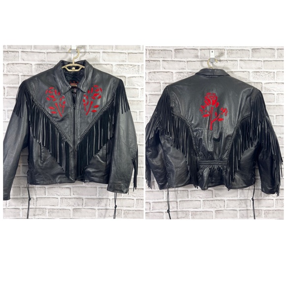 Interstate Leather Jackets & Blazers - 🚫SOLD! 🏍️🌹|•INTERSTATE LEATHER•| Rose Inlay Fringe Heavy Black Leather Jacket Si
